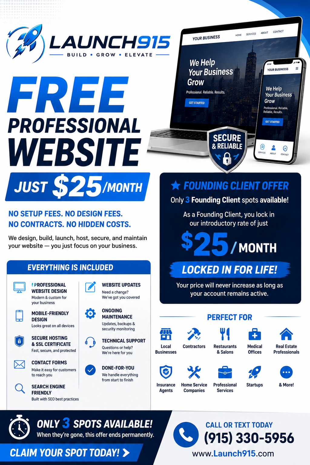 Launch915 Founding Client offer flyer: free professional website design, just $25 per month, only 3 spots available