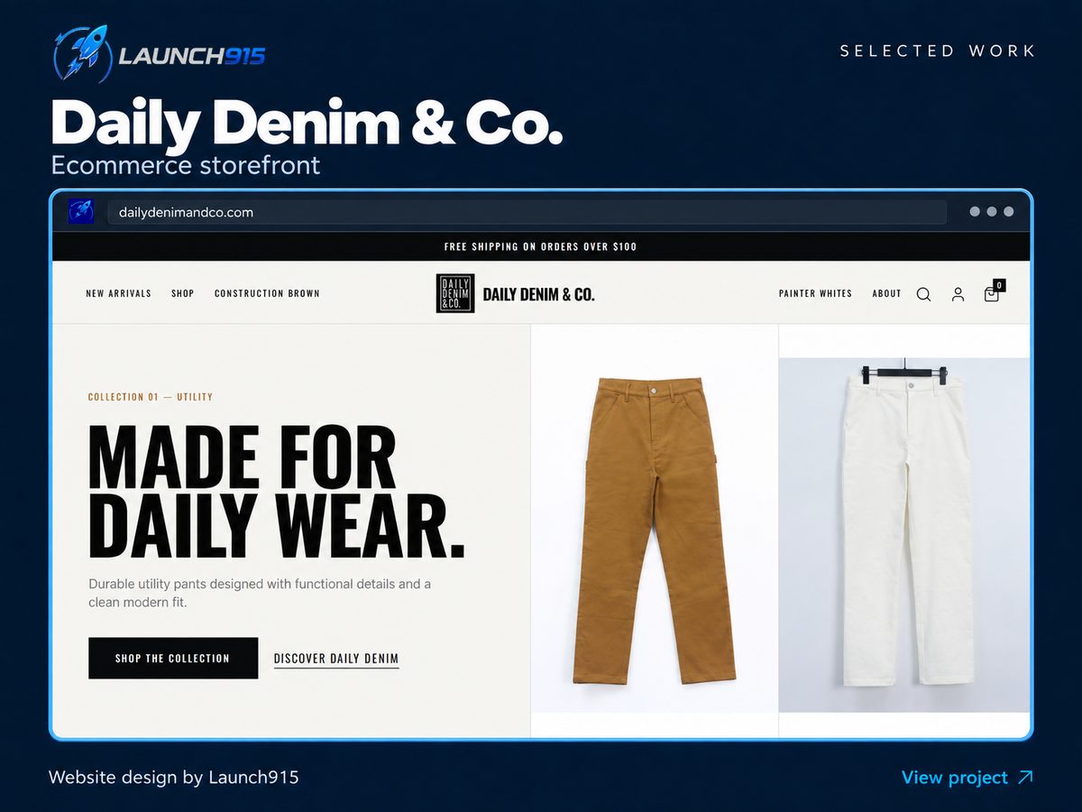 Daily Denim & Co. ecommerce website by Launch915, featuring brown and white utility pants.