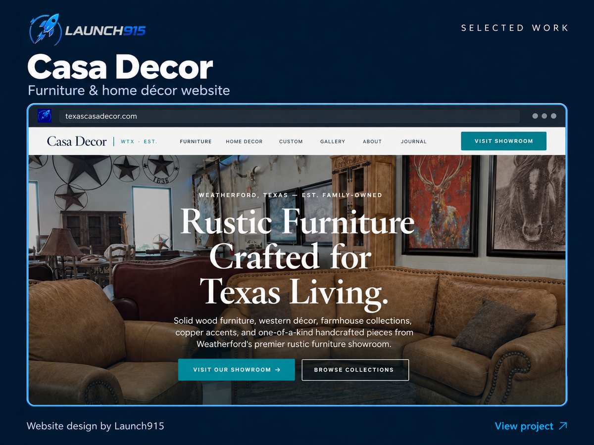 Casa Decor website design by Launch915, featuring rustic furniture and showroom photography.