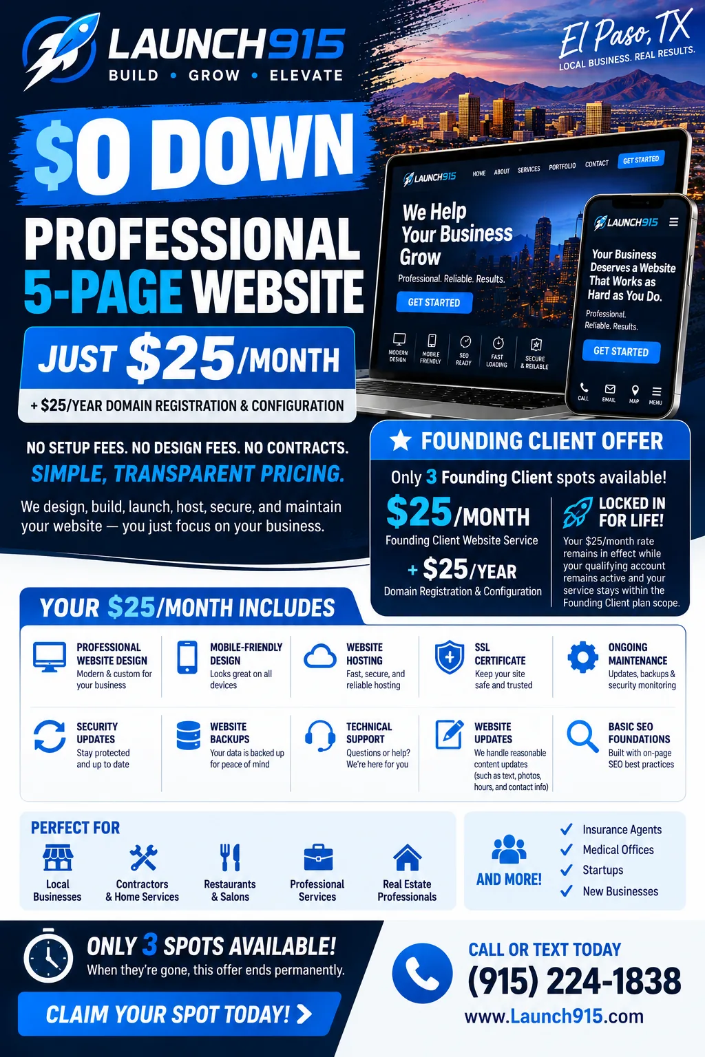 Launch915 Founding Client offer: $0 down professional 5-page website, $25 per month, plus $25 per year domain registration and configuration, only 3 spots available