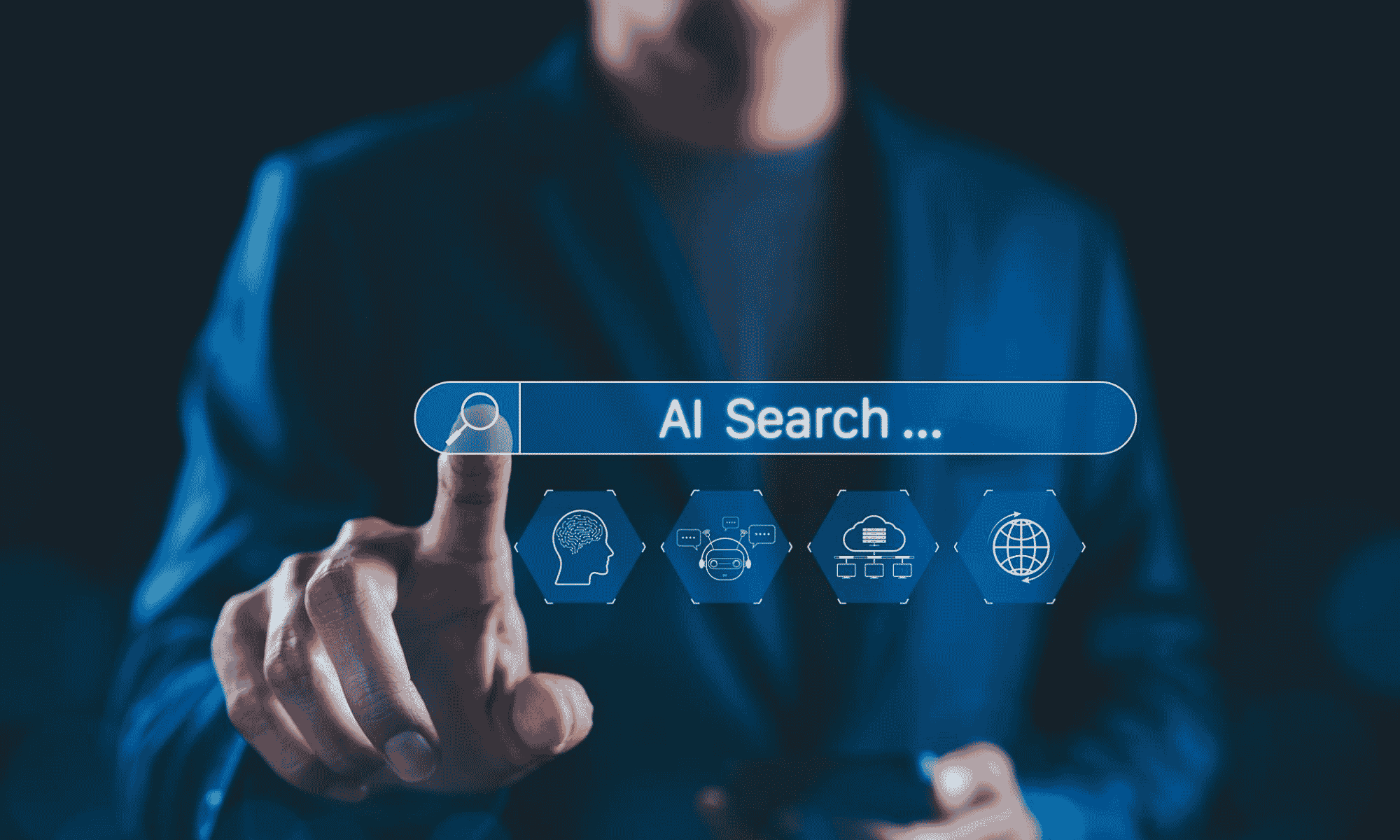 AI search bar with ChatGPT, Gemini, and Perplexity icons replacing traditional Google search