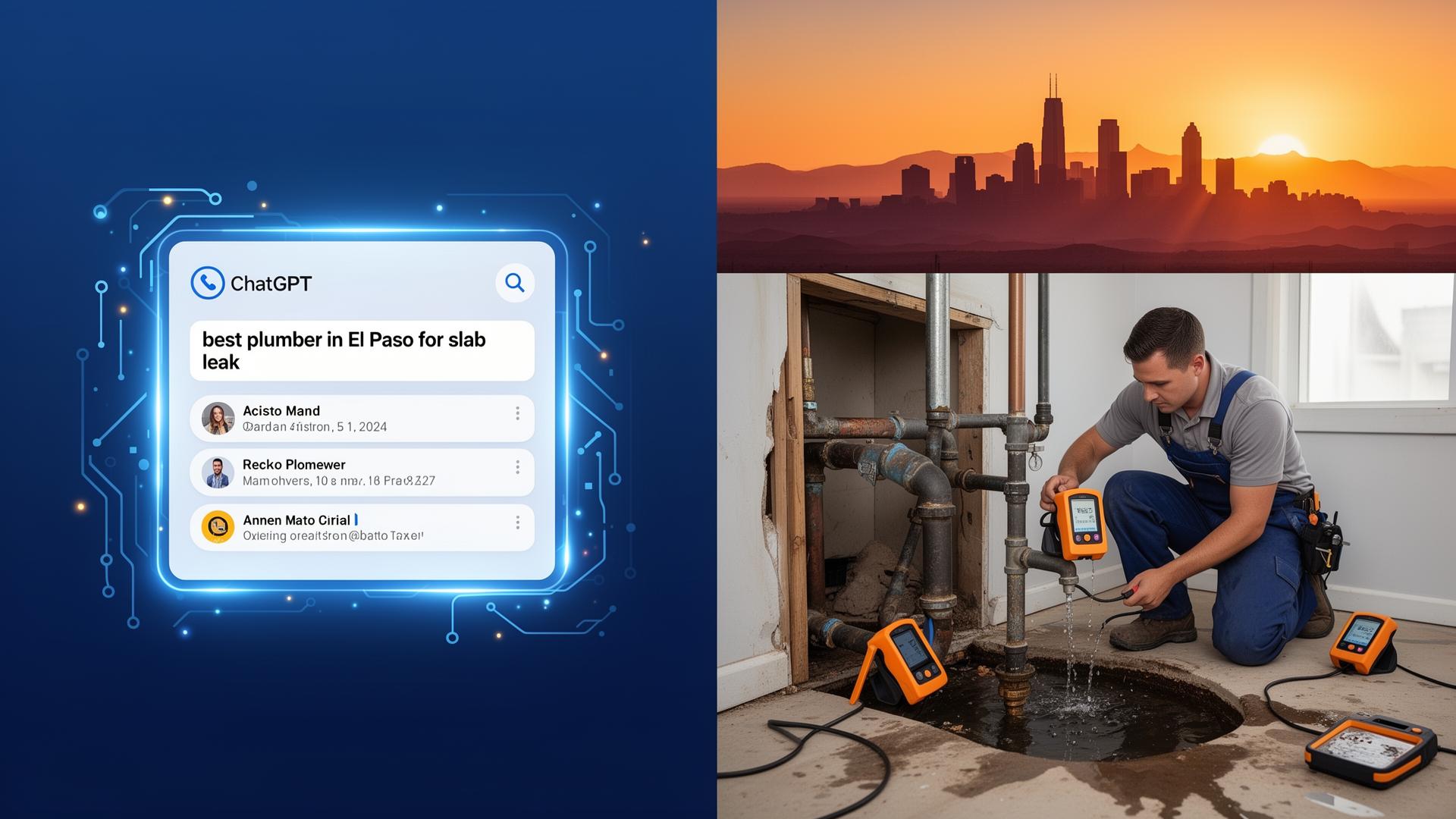 AI search recommending plumbers in El Paso for slab leak repair, showing ChatGPT interface and local plumbing services concept.