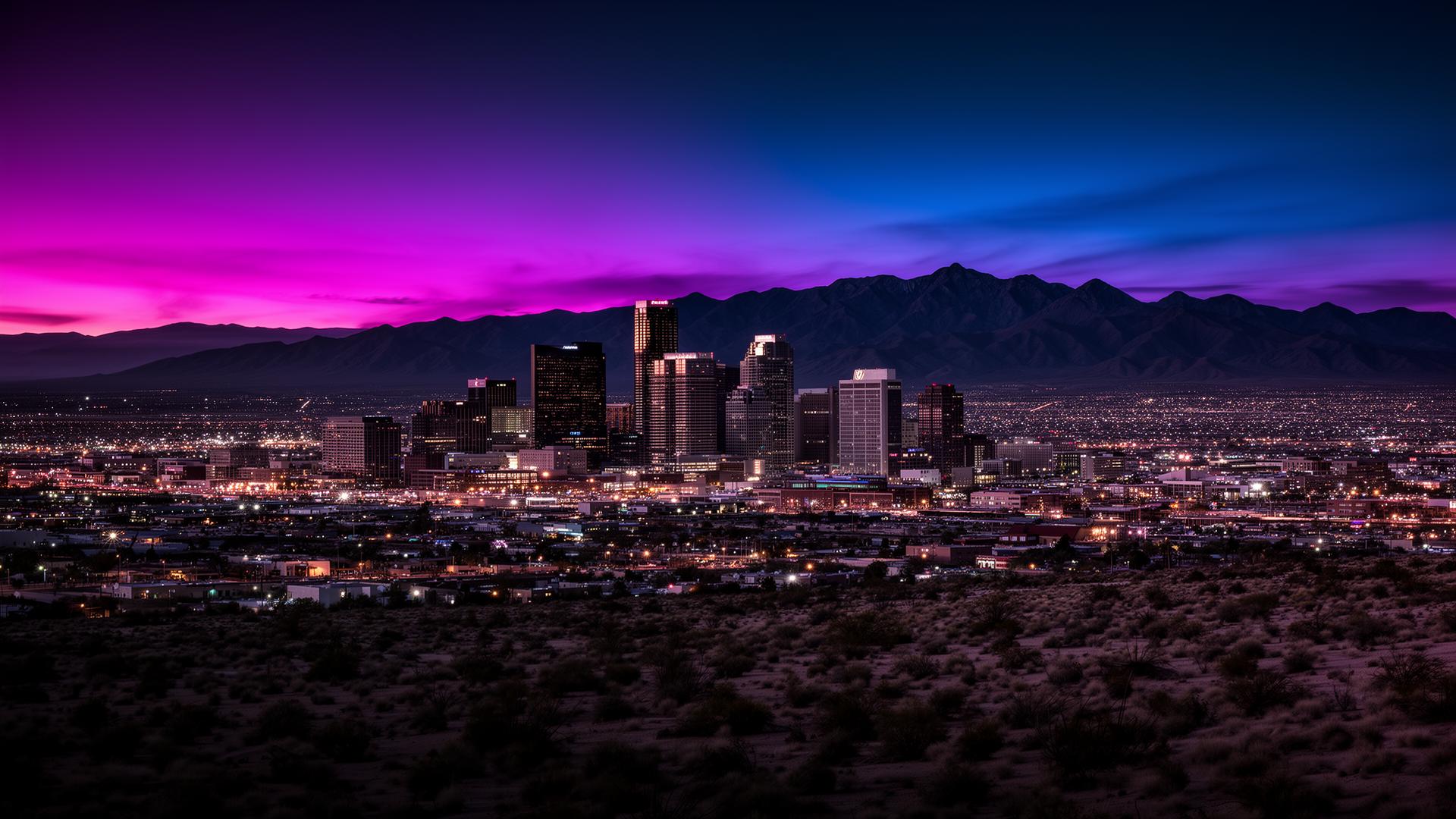 El Paso skyline at dusk with desert and mountains
