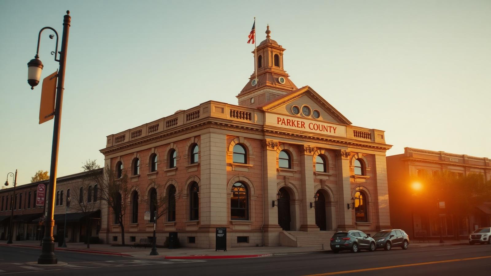 Historic Parker County courthouse in downtown Weatherford, Texas at golden hour